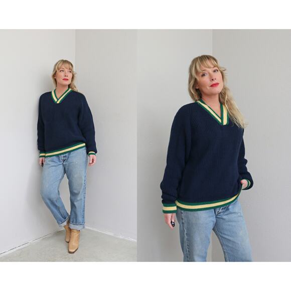 1990's Vintage Claiborne Preppy Tennis Wool Sweater Men's MD LG Women's LG XL - Picture 1 of 9